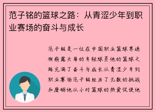 范子铭的篮球之路：从青涩少年到职业赛场的奋斗与成长